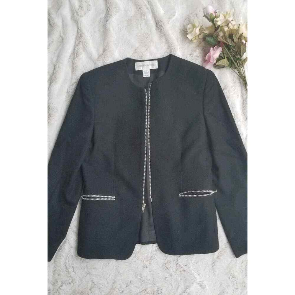 Jones New York Black 100% Pure Wool Full Zip Accent Blazer High Collar Size 4